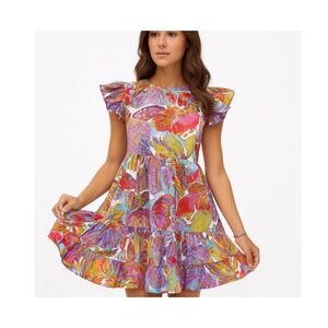 Caroline Constas Butterfly papillon Print Tiered Mini Dress Ruffle xs